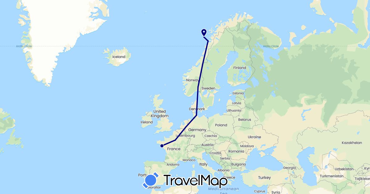 TravelMap itinerary: driving in Germany, France, Norway (Europe)
